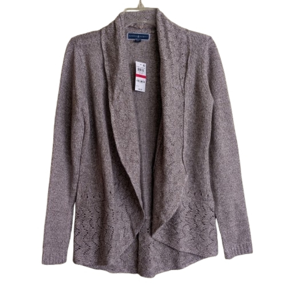 Karen Scotf Cardigan Sweater Oatmeal Tan Brown Pointelle Shawl Collar Size XS